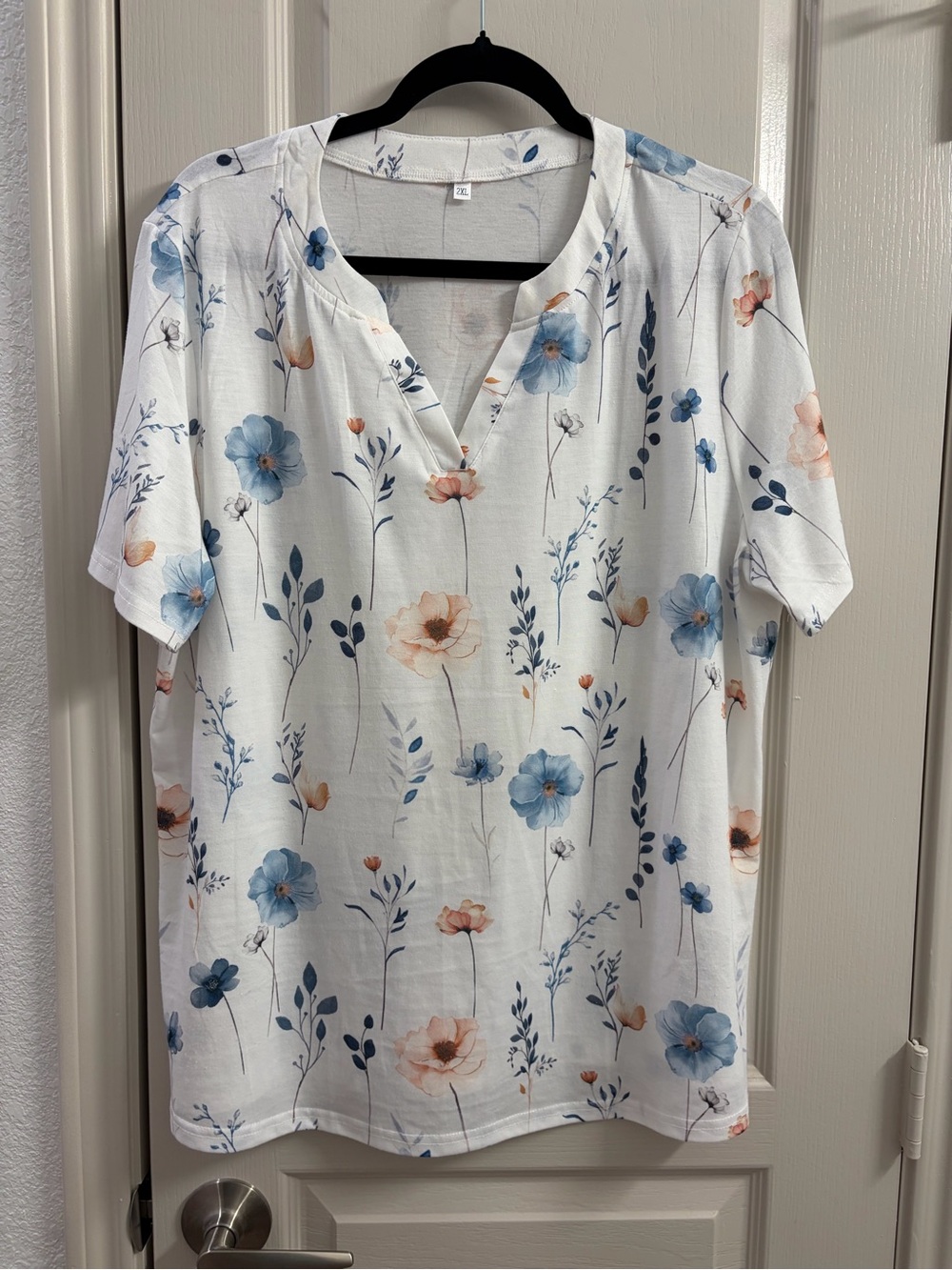 Women's White Floral Split-Neck Top - Blue & Peach Floral